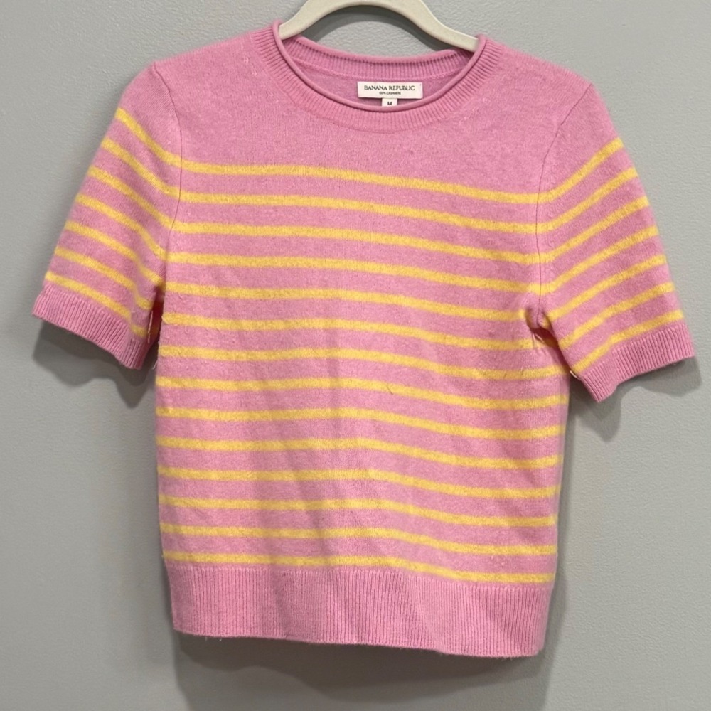 Banana Republic Pink Yellow Striped 100% Cashmere Short Sleeve Sweater M